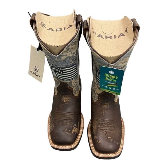 ARIAT BOOTS Kids 8 CAMO PATRIOTIC WESTERN SQUARE TOE CHILDREN USA FLAG Brown - Picture 6 of 11